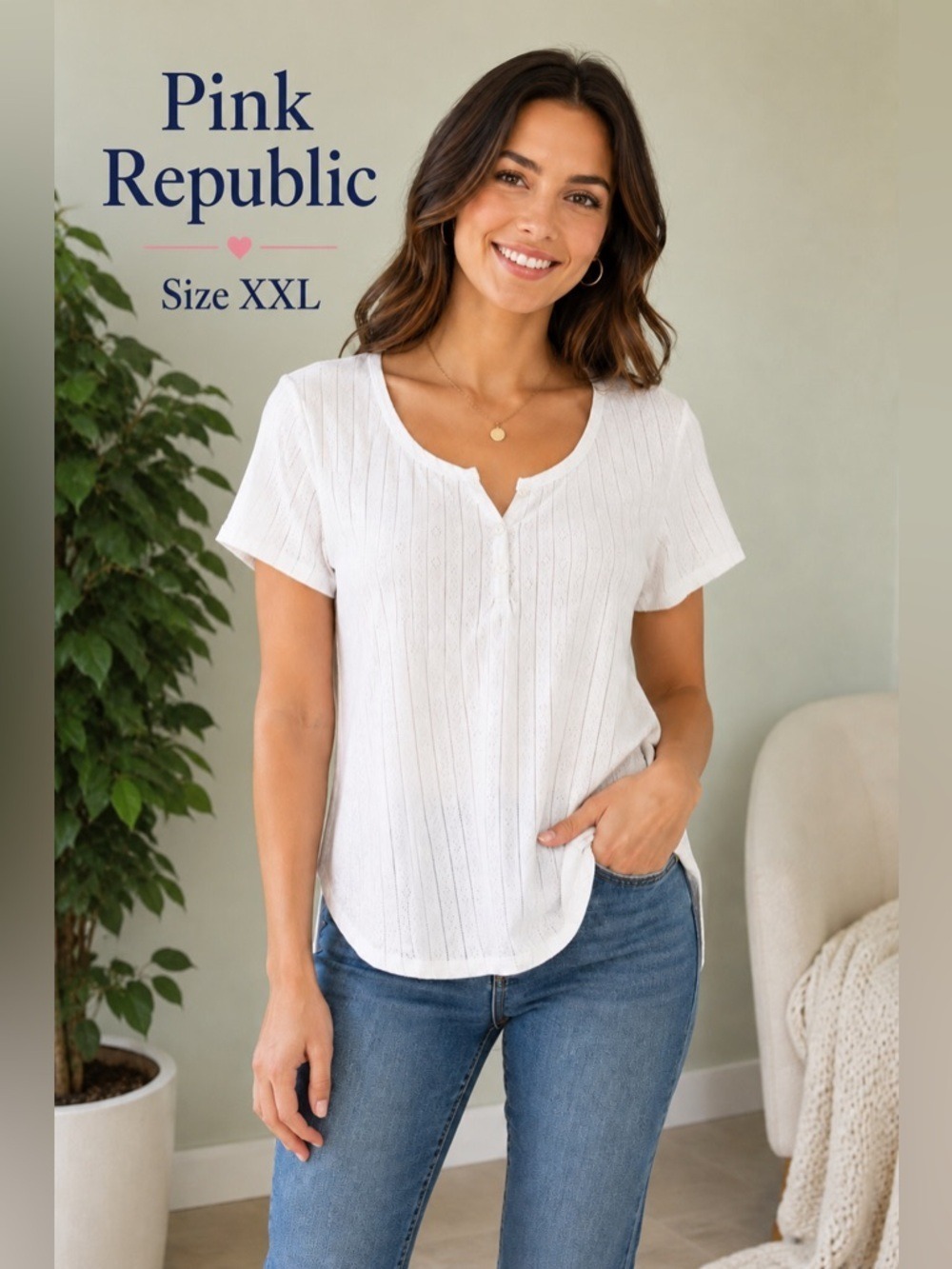 Pink Republic Ivory Short Sleeve Henley Top XXL NWT